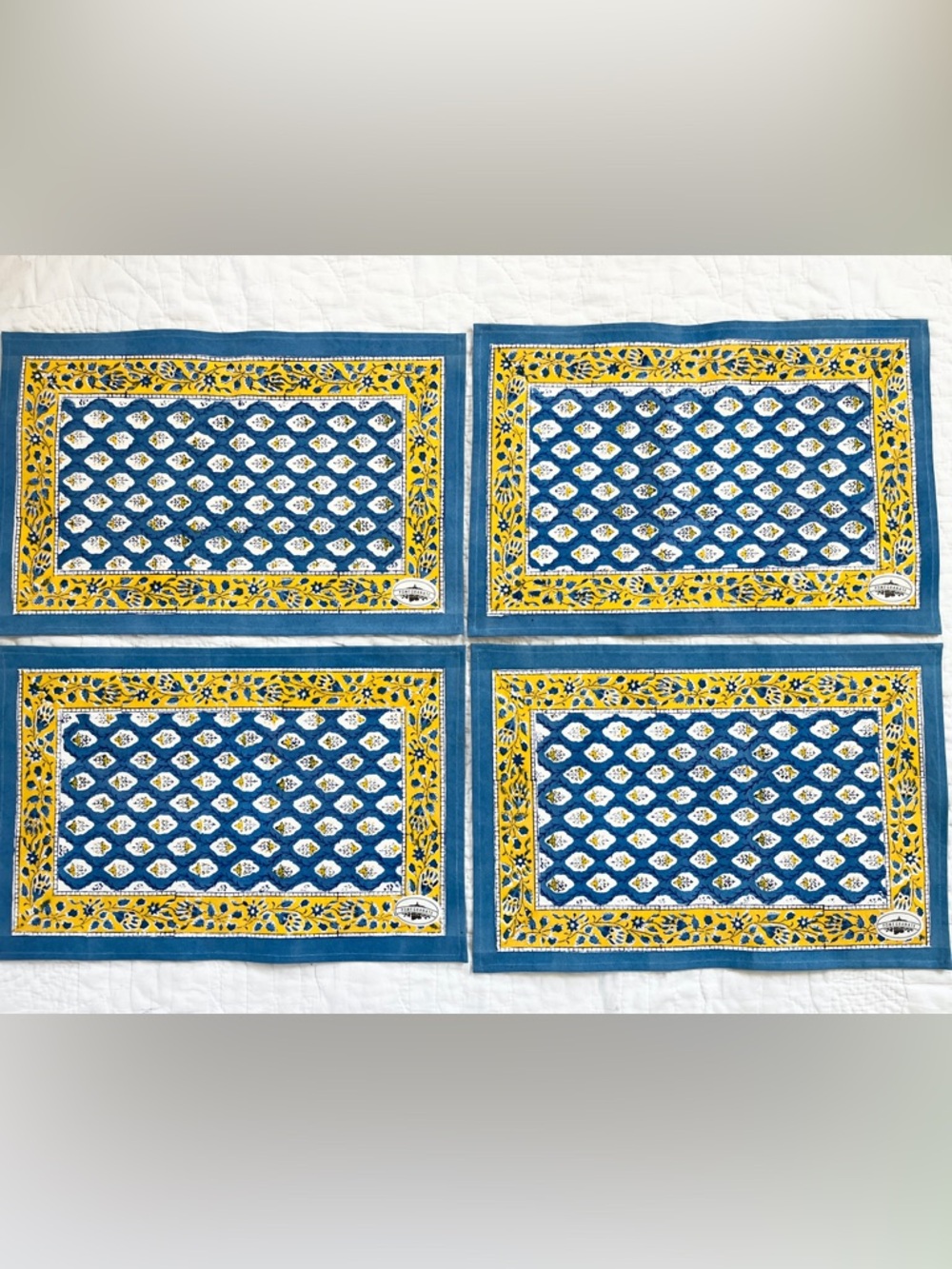 x4 NWT Pomegranate Provence Placemats Blue Yellow Block Print Cotton India 13x19